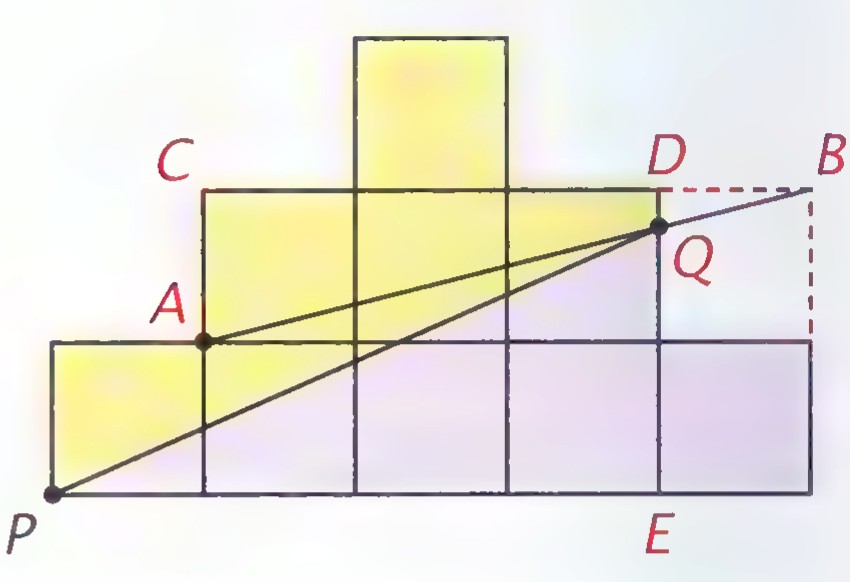 The figure of nine squares with an extra square added at the upper right, lines AB and PQ drawn, and points A, B, C, D, E, and Q labeled.