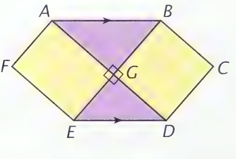 Two parallelograms AGEF and BGDC sharing vertex G, with triangles AGB and DGE shaded and diagonals AD and BE crossing at G.