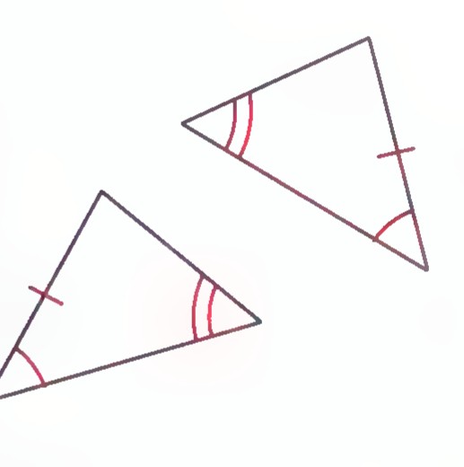 Two triangles with one pair of equal sides and two pairs of equal angles marked.