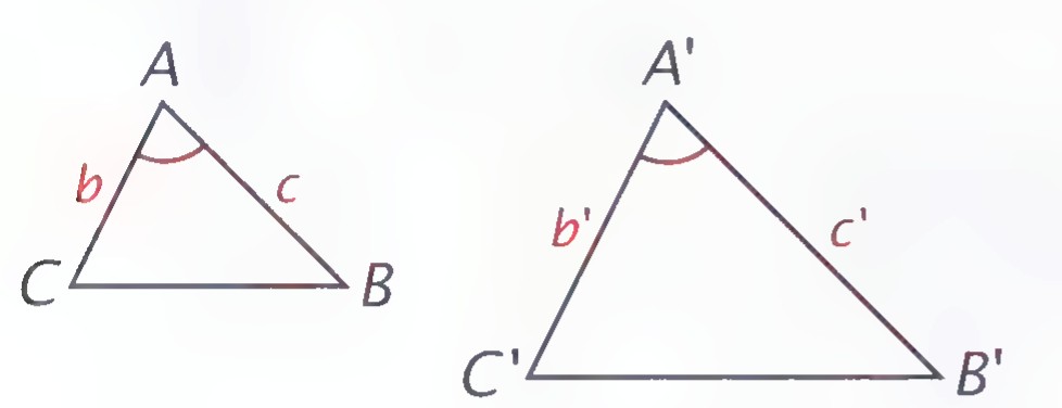 Two triangles, ABC with sides b and c about angle A, and A′B′C′ with sides b′ and c′ about angle A′.