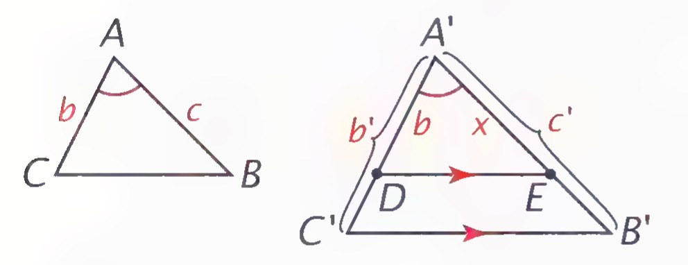 The proof figure: triangle A′B′C′ with D on A′C′ and E on A′B′, DE drawn, and the smaller triangle ABC beside it.