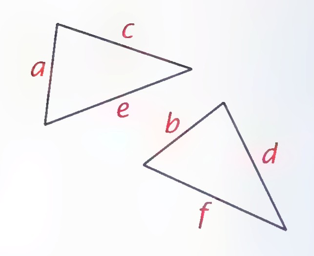Two triangles with sides a, c, e and b, d, f, and corresponding angles marked equal.