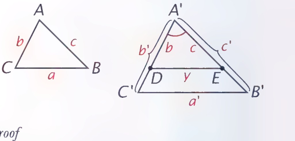 The proof figure for the SSS theorem: triangle A′B′C′ with D on A′C′ and E on A′B′, DE drawn, and triangle ABC beside it.