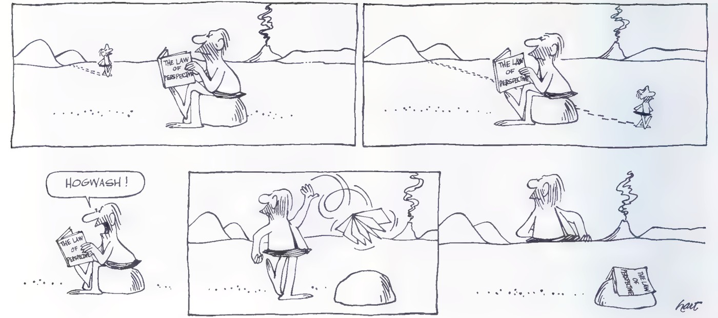 A four-panel B.C. comic strip: a caveman reads a book titled “The Law of Perspective” while a small figure walks away, and later throws the book away.