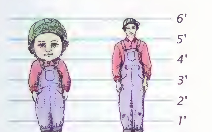 Drawings of a 5-month-old infant and an adult standing side by side against a scale marked 0′ to 6′.