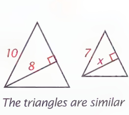 Two similar right triangles, one with legs 10 and 8, the other with leg 7 and hypotenuse x.