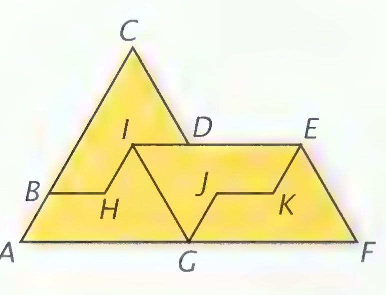 Four congruent L-shaped tiles forming a larger similar figure, with vertices A through K labeled and the tiles lettered I, J, and K.