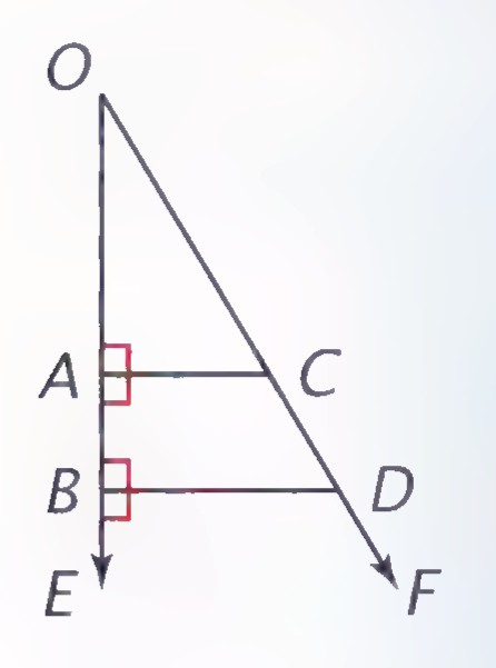 A diagram with ray OE representing time, and perpendiculars AC and BD drawn from points A and B on OE to the ray OF, with right angles marked.