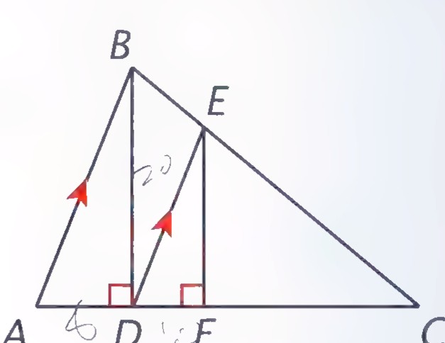 Triangle ABC with BD perpendicular to AC, EF perpendicular to AC, and AB parallel to DE, with right angles marked at D and F.