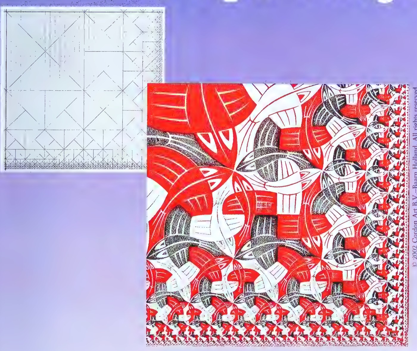 Plan and detail of Escher’s Square Limit: a square filled with interlocking red, white, and gray fish and lizard-like figures that shrink toward the edges, with a small pencil grid plan at the left.
