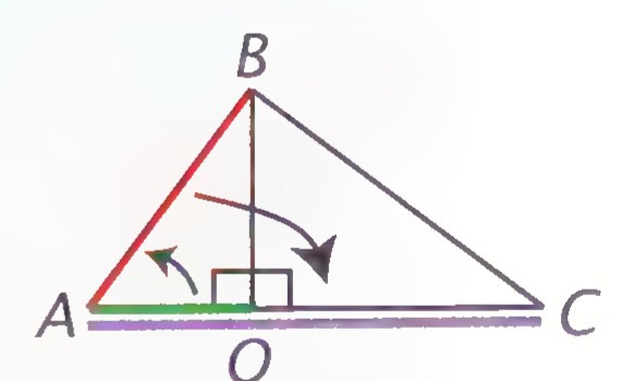 Triangle ABC with leg AB highlighted in red and hypotenuse AC marked in color, with an arrow curving from AO to AB.