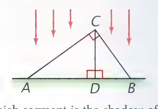 Triangle ABC with side AB on the ground, a vertical altitude from C meeting AB at D, and arrows from directly above showing the sun’s rays.