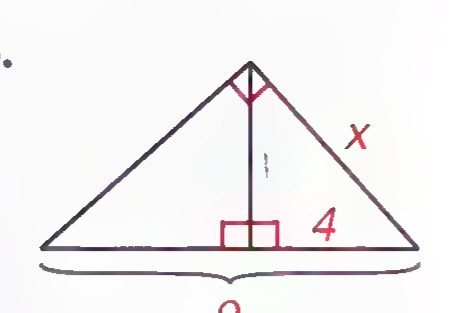 Right triangle with an altitude drawn to its hypotenuse, the whole hypotenuse labeled 9, one segment labeled 4, and one leg labeled x.
