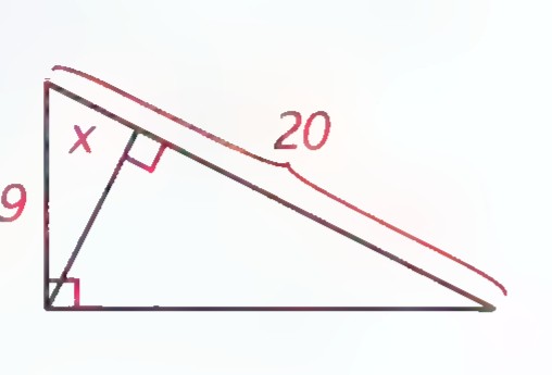 Right triangle with an altitude drawn to its hypotenuse, a vertical leg labeled 9, the hypotenuse labeled 20, and part of the hypotenuse labeled x.