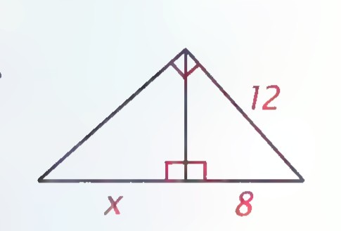 Right triangle with an altitude drawn to its hypotenuse, a leg labeled 12, one hypotenuse segment labeled 8, and the other labeled x.