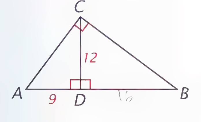 Right triangle ABC with altitude CD drawn to hypotenuse AB, AD labeled 9 and CD labeled 12.