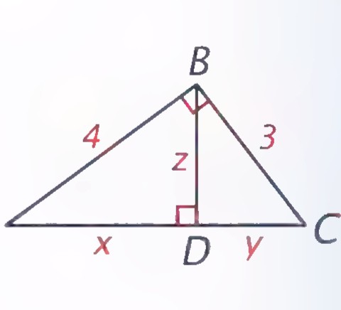 Right triangle ABC with altitude BD drawn to hypotenuse AC, the legs labeled 4 and 3, the hypotenuse segments labeled x and y, and the altitude labeled z.