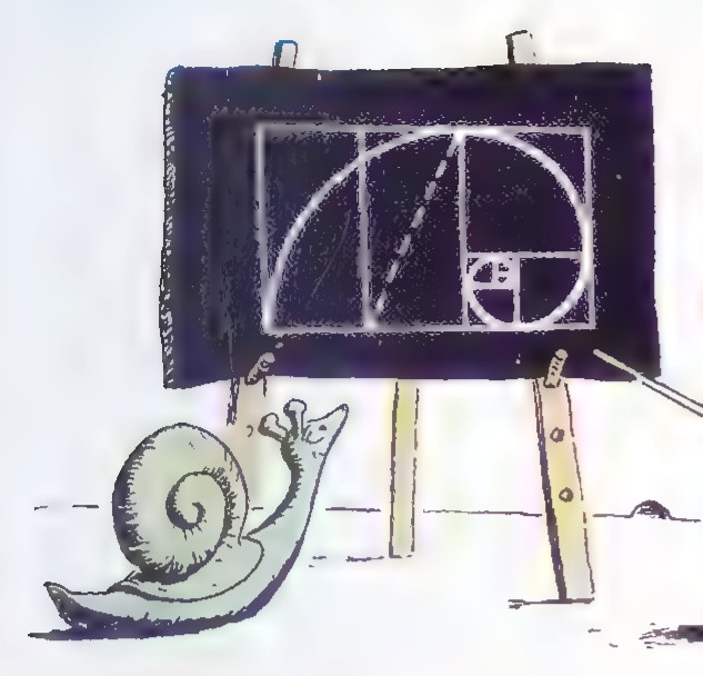 Cartoon of an animal drawing at an easel, constructing a golden rectangle and its spiral, while a snail looks on.