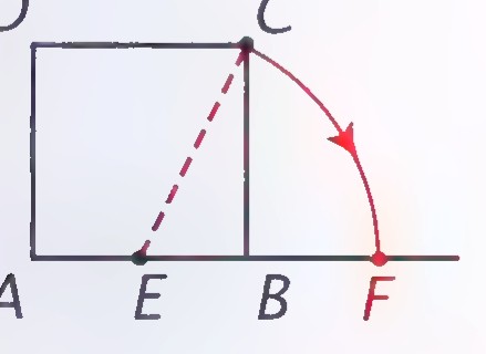 Square ABCD with a dashed line from E to C and an arrow showing the arc from C to point F on line AB extended.