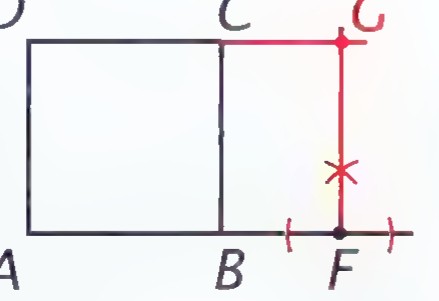 The completed construction: point G above F on the line through DC, forming the golden rectangle AFGD.