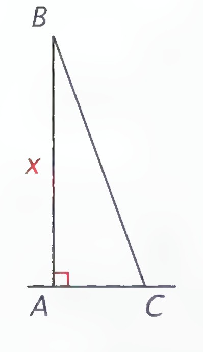 Right triangle ABC with the right angle at A, the vertical leg AB labeled x, the base AC labeled 3, and the hypotenuse BC drawn.