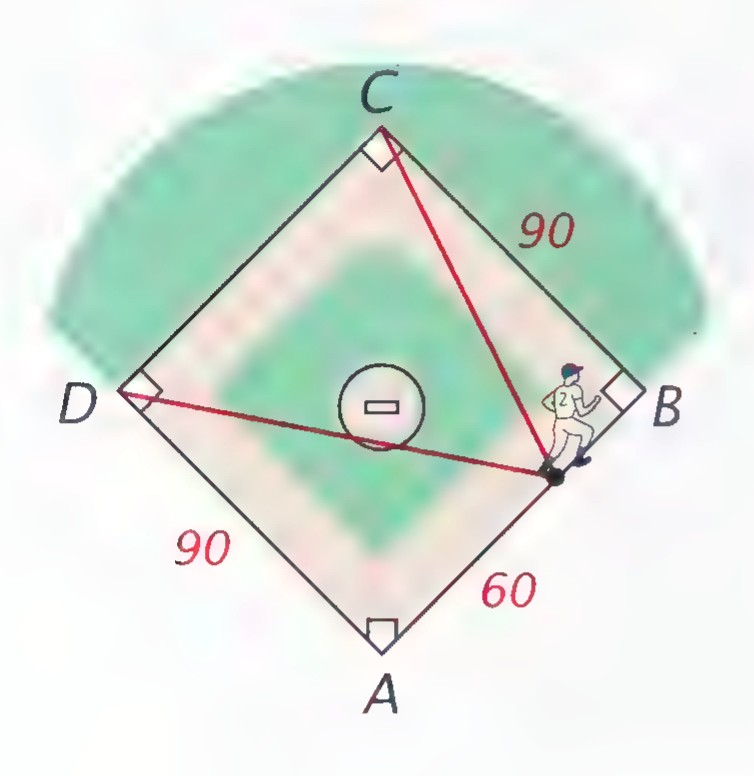 Baseball diamond ABCD with home plate at A, first base at B, second at C, and third at D, showing a runner 60 feet along the path from A to B and red lines from the runner to C and to D.