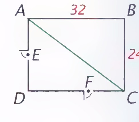 Rectangle ABCD with diagonal AC drawn, point E on side AD, and point F on side DC; the top side is labeled 32 and the right side 24.