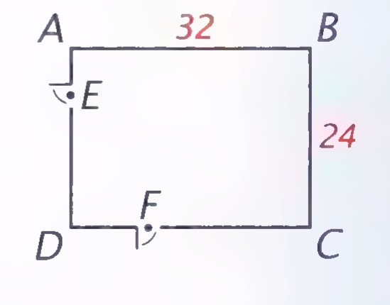 Rectangle ABCD with diagonal AC, point E close to A on side AD, and point F on side DC; the top side is labeled 32 and the right side 24.