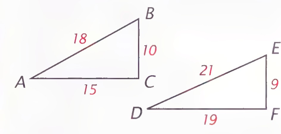 Two triangles that only appear to be right triangles: triangle ABC with sides 18, 15, and 10, and triangle DEF with sides 21, 19, and 9.