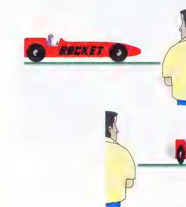Two panels: above, a red rocket car speeding past a standing observer; below, the same car seen from the observer’s frame, drawn shorter.