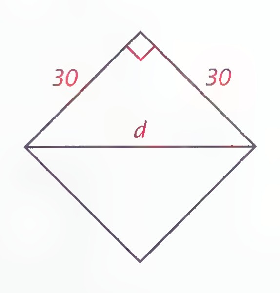 A square drawn as a diamond, with two adjacent sides labeled 30 and the diagonal labeled d.