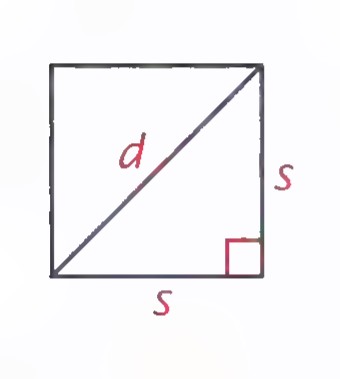Square with a diagonal drawn from lower left to upper right, the diagonal labeled d and two sides labeled s.