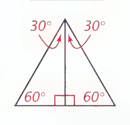 Equilateral triangle with its altitude drawn, the two angles at the top labeled 30° and the two base angles labeled 60°.