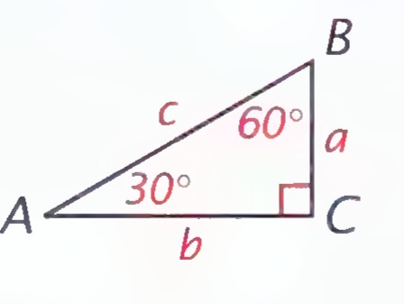 Right triangle ABC with the right angle at C, the 30° angle at A, the 60° angle at B, the hypotenuse labeled c, and the legs labeled a and b.