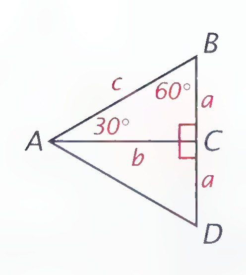 Triangle ABD formed by reflecting triangle ABC, with the angles at A and B marked 30° and 60° and the sides labeled c, a, and b.