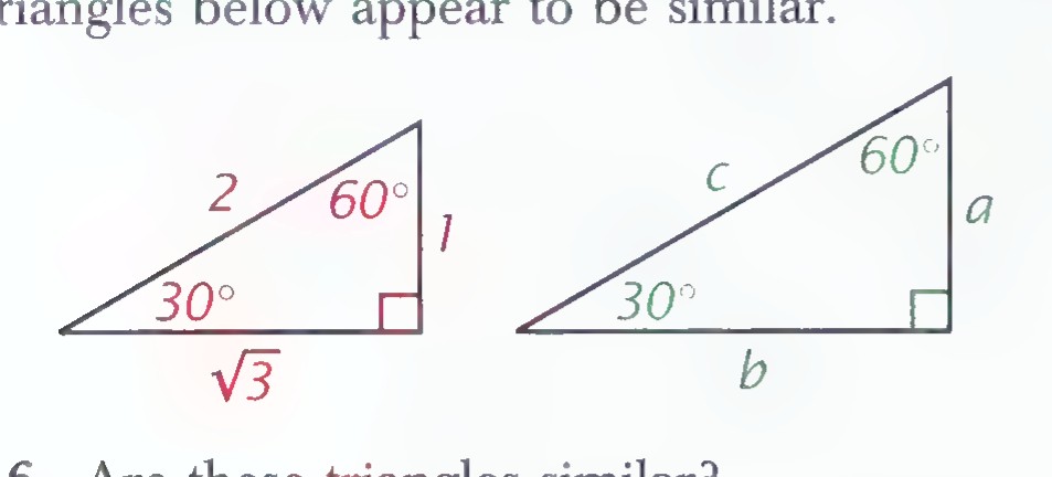 Two 30°-60° right triangles: the left one with hypotenuse 2, shorter leg 1, longer leg √3, and the angles marked; the right one with legs a and b and hypotenuse c.