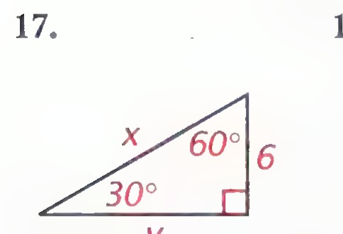 30°-60° right triangle with a leg labeled 6, the hypotenuse labeled x, the other leg labeled y, and the 30° and 60° angles marked.
