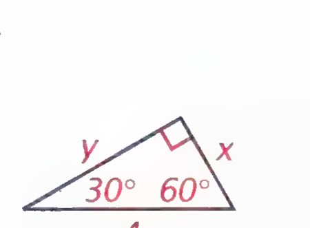 Triangle with a 30° angle, a 60° angle, a right angle at the top, the base labeled 4, and the other two sides labeled y and x.