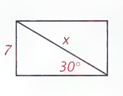 Rectangle with a diagonal drawn, the left side labeled 7, one angle between the diagonal and the base labeled 30°, and part of the diagonal labeled x.