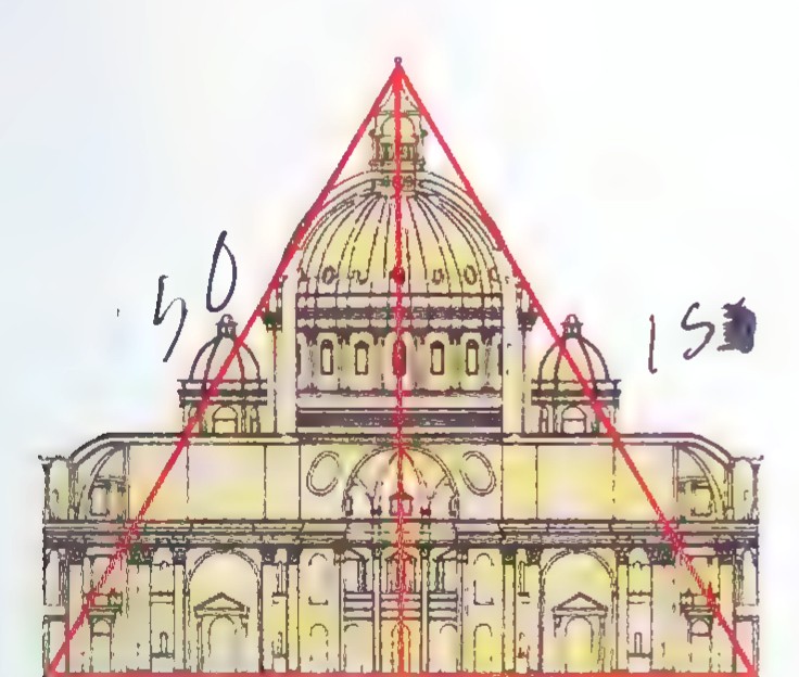 Elevation drawing of the facade of Saint Peter’s Cathedral with an equilateral triangle superimposed on it, its sides passing through the top of the dome and the ends of the base.