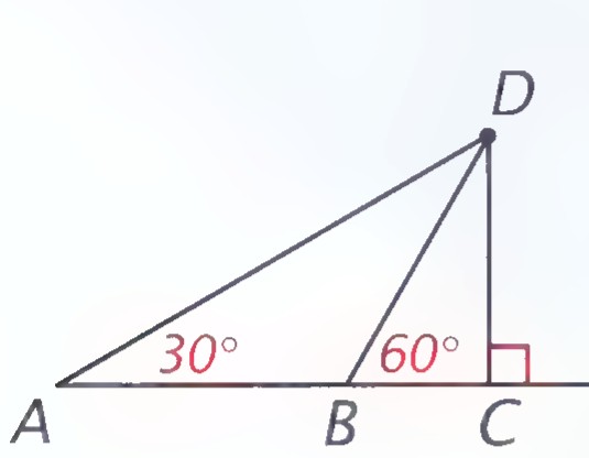 Line l with points A, B, and C, a lighthouse D above C, segments AD and BD drawn, the angle at A labeled 30°, the angle at B labeled 60°, and a right angle at C.