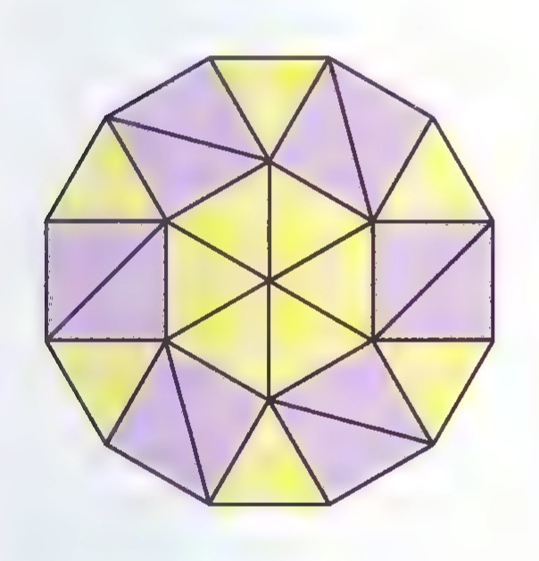 A dodecagon made of 12 yellow equilateral triangles around the center and 12 purple isosceles right triangles around the rim.