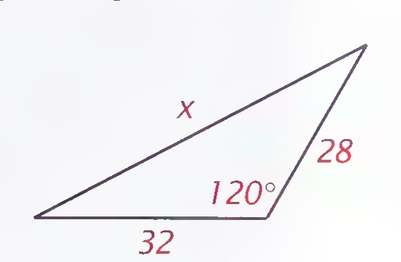 Triangle with one side labeled 32, another labeled 28, the angle between them labeled 120°, and the third side labeled x.