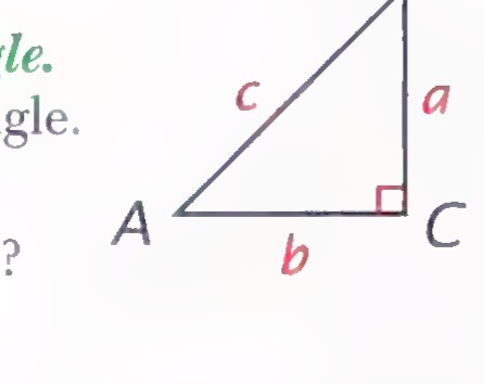 Right triangle ABC with the right angle at C, the legs labeled a and b, and the hypotenuse labeled c.