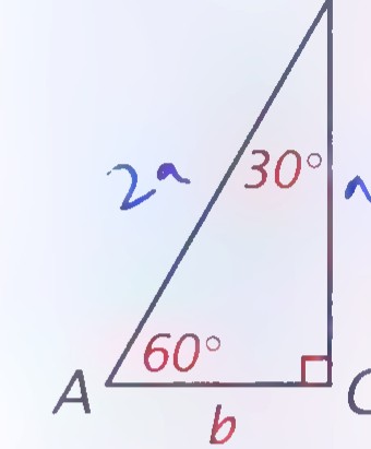 Right triangle ABC with the 60° angle at A, the 30° angle at B, the right angle at C, and the base labeled b.
