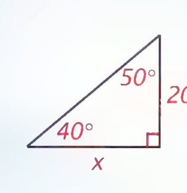 Right triangle with the angles 50° and 40° marked, the side opposite the 50° angle labeled 20, and the base labeled x.