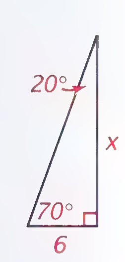 Right triangle with a 20° angle at the top, a 70° angle at the lower left, the base labeled 6, and the vertical side labeled x.