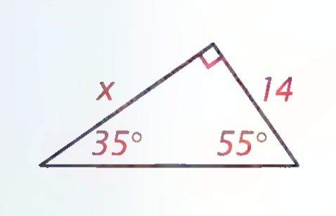 Triangle with a right angle at the top, the angles 35° and 55° marked, the left side labeled x, and the right side labeled 14.