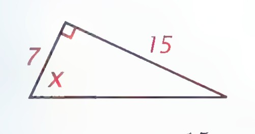 Right triangle with the vertical side labeled 7, the horizontal side labeled 15, and the angle between the hypotenuse and the vertical side marked x.