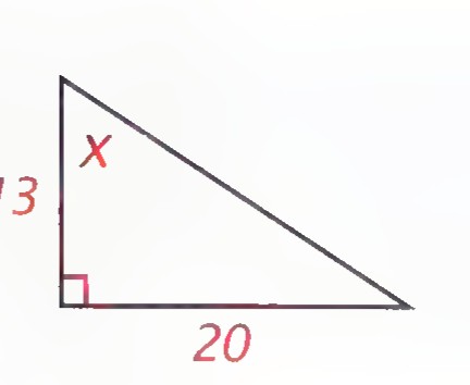 Right triangle with a vertical side labeled 13, a base labeled 20, and the angle at the top marked x.